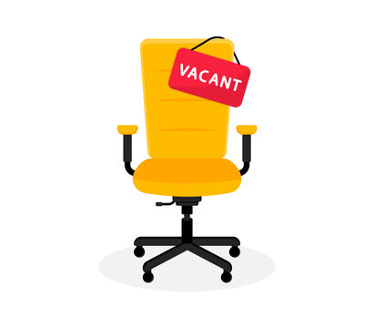 Office chair with a sign vacant. Business recruitment concept. We are hiring, open vacancy. Hiring and recruiting banner concept. Empty office chair. Vector illustration.