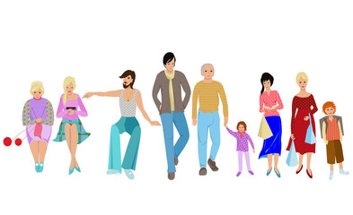 Set of different people wearing colorful clothes. Seated women and a man. Child, schoolboy. The woman knits a scarf. The women are walking from the store. Men for a walk. Colored flat vector. Isolated