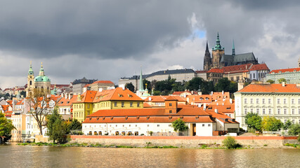 Old Prague, Vltava river under bright Autumn sun