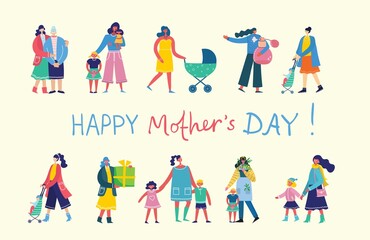 Fototapeta premium Colorful vector illustration concepts of Happy Mother's day . Mothers with the children for greeting cards, posters and backgrounds