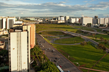 Fototapeta na wymiar Brasilia Downtown, Axis Monumental and Hotels Sector. Brasilia City was planned by. Architect Urbanist Lucio Costa. Brasilia, Brazil, September 2018