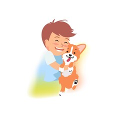 Obraz na płótnie Canvas Cute little boy is hugging dog. Best friends ever vector illustration.
