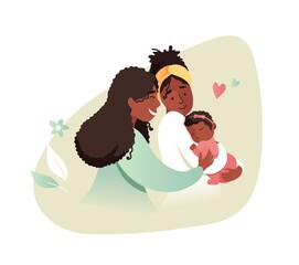 Vector Illustration Of Happy Gay Female Couple Holding Adopted Baby Daughter In Arms. Lesbian and Gay Parents concept.