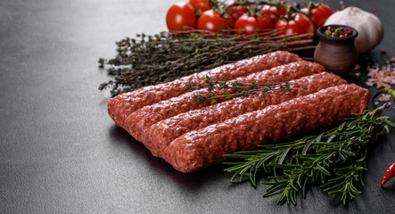 Fresh raw mince for grilled kebab with spices and herbs