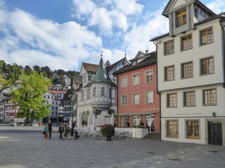 Fototapeta premium St. Gallen, Switzerland - May 21st 2017: Urban place in front of Stiftskirche