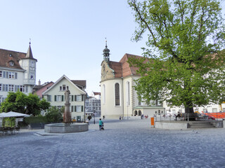St. Gallen, Switzerland - May 21st 2017: Urban place in front of Stiftskirche