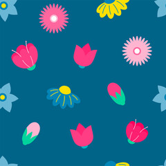 Spring flowers seamless repeat vector pattern