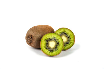 Whole kiwi fruits and half kiwi fruits on a white background