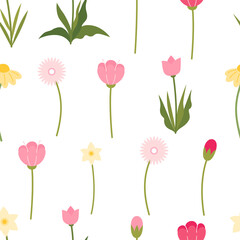 Spring flowers seamless repeat vector pattern