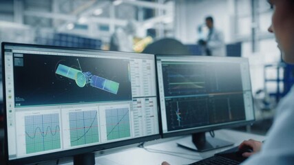 Female Engineer uses Computer to Analyse Satellite, Orbital Trajectory Tracking. Aerospace Agency International Space Mission: Scientists Working on Spacecraft Construction. Over Shoulder Dolly - Powered by Adobe