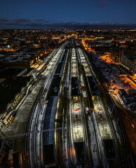 Riga central station at night time. Rail Baltica project modernizing railroad infrastructure....