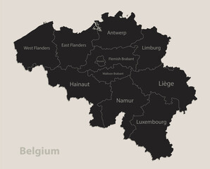Black map of Belgium with names of regions, design blackboard vector