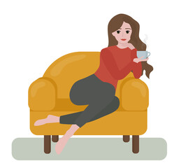 Flat style illustration. Woman with a long hair sitting on a couch. She is drinking hot coffee and thinking about something  good. She gives off relaxation vibes.