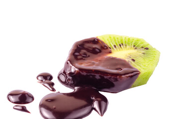 A slice of kiwi soaked in liquid chocolate on a white background