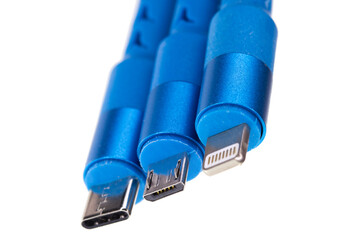 smartphone cables isolated on a white background, the most common for 2021