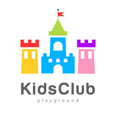 Abstract kids city logo playground,kids zone icon,king castle sign,bastion symbol.Design template bright logotype kids club,shop,wooden toys store,children play,baby center or park.Vector illustration