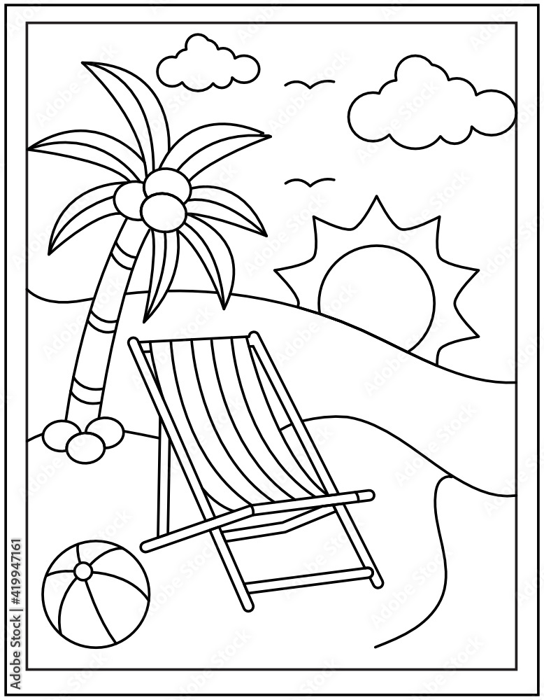 Wall mural a peaceful tropical place with chair, colouring page vector