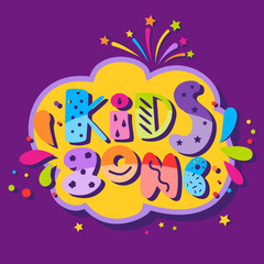 Lettering kids zone logo playground,kids club icon,children sign,childhood symbol.Design template bright logotype kids club,shop,toys store,children play,baby center or trampolines.Vector illustration