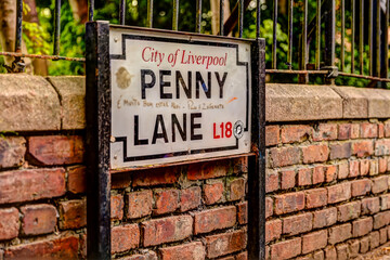 The street sign for Penny Lane in Liverpool UK