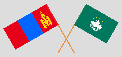 Crossed flags of Mongolia and Macau. Official colors. Correct proportion