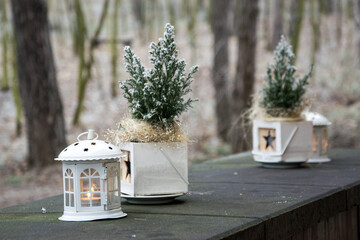 Fototapeta na wymiar White Christmas lanterns with candle and frosted decoration with trees outdoors in the forest