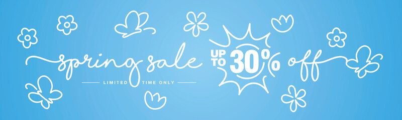 30 % off Spring sale discount handwritten typography lettering with white flowers, butterflies and sun on blue background drawing in line design