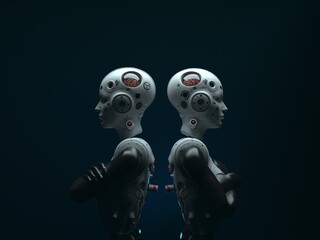 portrait of two robotic women standing back to back. abstraction on the topic of technology and games. 3d illustration