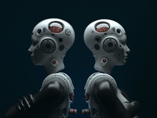 portrait of two robotic women standing back to back. abstraction on the topic of technology and games. 3d illustration