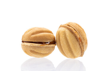 oreshki cookie isolated on white background. walnut shaped cakes fillings condensed milk cut out