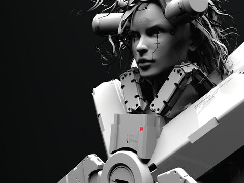 people of the future and robots. close-up portrait of a man. abstraction on the theme of robots. military industry and games. 3d illustration