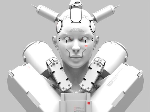 people of the future and robots. close-up portrait of a man. abstraction on the theme of robots. military industry and games. 3d illustration