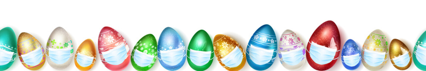 Banner made of realistic Easter eggs in various colors with holiday symbols in medical masks on white background with seamless horizontal repetition