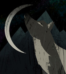 Little geometric illustration with howling to the moon Wolf on night mountains background.