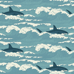 Fototapeta na wymiar Vector seamless pattern with hand-drawn waves and sharks. Illustration of the sea or ocean, stormy waves with breakers of seafoam and a passing school of sharks. Repeating background in retro style