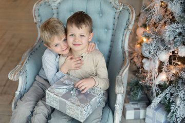 Two little brothers are playing and laughing near the Christmas tree . Family New Year