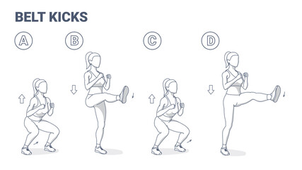 Fototapeta na wymiar Belt Kicks Home Workout Exercise Guide. Young Athletic Female Doing Squats and Kicks Switching Legs.