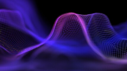 Tech background purple. Network purple technology backdrop. Big data neon background perspective. Cyber technical wave sound.