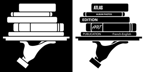 2 versions d’un pictogrammes noir ou blanc, avec ou sans texte, d’une main qui porte une pile de livres sur un plateau. - obrazy, fototapety, plakaty
