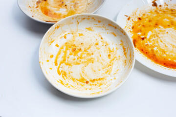 Dirty dishes on white background. Top view