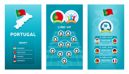 European 2020 football vertical banner set for social media. Portugal group F banner with isometric map, pin flag, match schedule and line-up on soccer field
