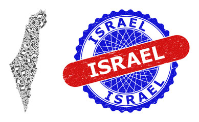 Music Notes Collage for Israel Map and Bicolor Textured Stamp