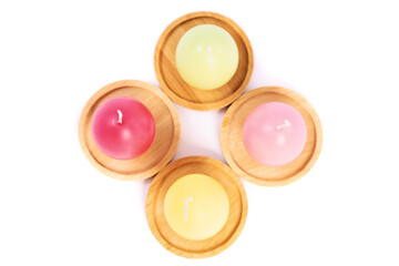 Top view of egg shaped candles in pastel colors