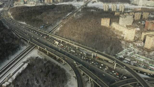 Aerial view of a big traffic jam on a highway