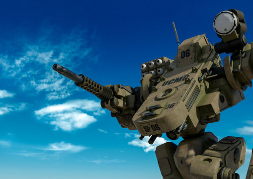 combat mech on desert after raing with copy space