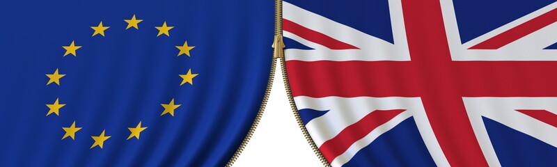EU and the United Kingdom cooperation or conflict, flags and closing or opening zipper between them. Conceptual 3D rendering