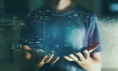 Technology screen with young man
