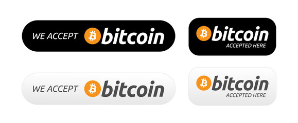 Bitcoin Banner Badge for Crypto Web Payments. We Accept Bitcoin. Bitcoin Accepted Here. Pay With Bitcoin. Vector Badge, Banner or Button for Accepting Digital Cryptocurrency BTC Payments