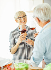 love kitchen senior glass woman couple home retirement happy food smiling husband wine together portrait