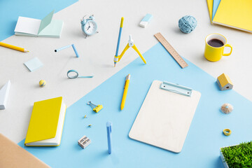 School supplies, creative flat lay desk. Back to school concept.