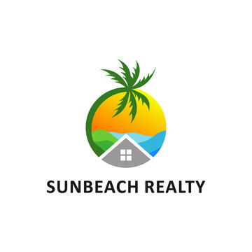 sun beach realty logo, home beach icon vector
